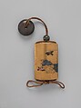 Inrō with Sparrows in Snow-covered Nandina, Hara Yōyūsai (Japanese, 1772–1845), Lacquer with gold and silver makie, coral, and applied stained ivory
Ojime: bead with stylized medallions; green stone with gold makie lacquer 
Netsuke: round box with iris design, Japan