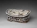 Pillow with a falcon attacking a swan, Zhang family workshop, Stoneware painted with brown and black pigment on white slip under transparent glaze (Cizhou ware), China