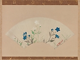 Chinese Bellflowers, Follower of Ogata Kōrin (Japanese, 1658–1716), Folding fan remounted as a hanging scroll; ink and color on paper, Japan