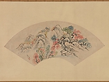Autumnal Landscape with a Waterfall, Ike (Tokuyama) Gyokuran (Japanese, 1728–1784), Fan mounted as a hanging scroll; ink and color on paper, Japan