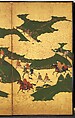 “An Imperial Excursion” (Miyuki), “A Boat Cast Adrift” (Ukifune), and “The Barrier Gate” (Sekiya), Tosa Mitsuyoshi (Japanese, 1539–1613), Painted sliding doors (fusuma-e) remounted as a pair of four-panel folding screens; ink, color, and gold leaf on paper, Japan