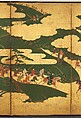 “An Imperial Excursion” (Miyuki), “A Boat Cast Adrift” (Ukifune), and “The Barrier Gate” (Sekiya), Tosa Mitsuyoshi (Japanese, 1539–1613), Painted sliding doors (fusuma-e) remounted as a pair of four-panel folding screens; ink, color, and gold leaf on paper, Japan