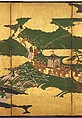 “An Imperial Excursion” (Miyuki), “A Boat Cast Adrift” (Ukifune), and “The Barrier Gate” (Sekiya), Tosa Mitsuyoshi (Japanese, 1539–1613), Painted sliding doors (fusuma-e) remounted as a pair of four-panel folding screens; ink, color, and gold leaf on paper, Japan