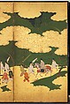 “An Imperial Excursion” (Miyuki), “A Boat Cast Adrift” (Ukifune), and “The Barrier Gate” (Sekiya), Tosa Mitsuyoshi (Japanese, 1539–1613), Painted sliding doors (fusuma-e) remounted as a pair of four-panel folding screens; ink, color, and gold leaf on paper, Japan