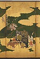 “An Imperial Excursion” (Miyuki), “A Boat Cast Adrift” (Ukifune), and “The Barrier Gate” (Sekiya), Tosa Mitsuyoshi (Japanese, 1539–1613), Painted sliding doors (fusuma-e) remounted as a pair of four-panel folding screens; ink, color, and gold leaf on paper, Japan