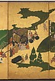 “An Imperial Excursion” (Miyuki), “A Boat Cast Adrift” (Ukifune), and “The Barrier Gate” (Sekiya), Tosa Mitsuyoshi (Japanese, 1539–1613), Painted sliding doors (fusuma-e) remounted as a pair of four-panel folding screens; ink, color, and gold leaf on paper, Japan
