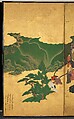 “An Imperial Excursion” (Miyuki), “A Boat Cast Adrift” (Ukifune), and “The Barrier Gate” (Sekiya), Tosa Mitsuyoshi (Japanese, 1539–1613), Painted sliding doors (fusuma-e) remounted as a pair of four-panel folding screens; ink, color, and gold leaf on paper, Japan