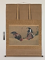 Gamecocks, Katsushika Hokusai (Japanese, Tokyo (Edo) 1760–1849 Tokyo (Edo)), Hanging scroll; ink and color on silk, Japan