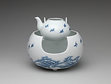 Teapot and Brazier with Design of Birds Flying over Waves, Porcelain with underglaze blue (Hirado ware), Japan