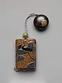 Inrō with Cranes and Pines, Koma Kyūhaku V (Japanese, died 1794), Gold togidashi lacquer ground with gold and silver takamaki-e and hiramaki-e, and black and red lacquerNetsuke: hat and mask; lacquer on wood Ojime: jade bead, Japan