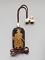 Inrō with Portuguese Figures, Four cases; lacquered wood with gold hiramaki-e and cut-out gold foil application on black groundNetsuke: dog; ivoryOjime: antler bead, Japan
