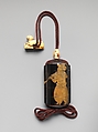 Inrō with Portuguese Figures, Four cases; lacquered wood with gold hiramaki-e and cut-out gold foil application on black groundNetsuke: dog; ivoryOjime: antler bead, Japan