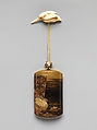 Inrō with Treasure Boat, Kajikawa Bunryūsai (Japanese, ca. 1751–1817), Gold and black lacquer and nashiji ground with gold and silver hiramaki-e, red lacquer, and mother-of-pearl inlayNetsuke: kingfisher; carved ivory Ojime: Chinese children; porcelain (Kutani ware, Japan