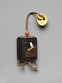 Inrō with Captured Heron, Black lacquer, black, gold, red, and white hiramaki-e, takamaki-e, ivory, and metal wireNetsuke: helmet; metalOjime: coral bead, Japan