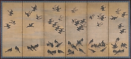 Mynah Birds, Unidentified artist Japanese, Pair of six-panel folding screens; ink, color, and gold on paper, Japan