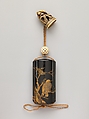 Inrō with Owl and Crows in Tree, Black lacquer ground with gold and silver togidashi maki-e and e-nashijiNetsuke: seal-shaped with sheaf of rice around peony with pecking bird; ivoryOjime: woven ball; caved and pierced bone, Japan