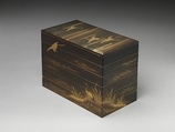 Tiered Box with Reeds and Crane, Black lacquer ground with gold and silver hiramaki-e, Japan