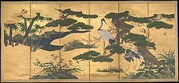 Birds and Flowers of the Four Seasons, Pair of six-panel folding screens; ink, color, gold, and gold leaf on paper, Japan
