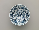 Bowl with Peonies, Narcissus, and Pomegranates, Porcelain painted with cobalt blue under transparent glaze (Jingdezhen ware), China