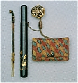 Pipe and Pipe Case with Tobacco Pouch, Shibata Zeshin Japanese, Pipe: iron, gold, and silver on wood; case: gold, silver hiramaki‑e on black lacquer; pouch: dyed cotton (sarasa) with metal fitting; netsuke: carved staghorn, Japan