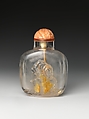 Snuff Bottle with Two Monkeys and Rock, Rock crystal with coral stopper, China