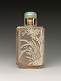 Snuff Bottle with Orchids, Rock crystal with jadeite stopper, China