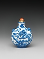 Snuff Bottle with Dragon Chasing a Flaming Pearl, Porcelain in imitation of glass with coral stopper, China