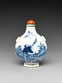 Snuff Bottle with Immortal and Crane, Porcelain with underglaze blue, coral stopper, China