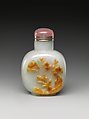 Snuff Bottle, White, green and brown jadeite with amethyst quartz stopper, China