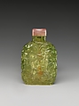 Snuff Bottle with Old Man Carrying a Boy, Green tourmaline with pink tourmaline stopper, China