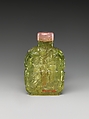 Snuff Bottle with Old Man Carrying a Boy, Green tourmaline with pink tourmaline stopper, China