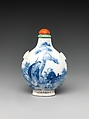 Snuff Bottle with Immortal and Crane, Porcelain with underglaze blue, coral stopper, China
