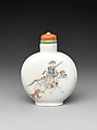 Snuff Bottle with Horse Rider, Porcelain with overglazed enamel colors, coral stopper, China