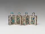 Hinged Snuff Bottles, Silver with painted enamel panels and enamel stoppers, China