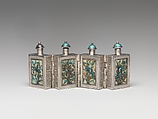 Hinged Snuff Bottles, Silver with painted enamel panels and enamel stoppers, China