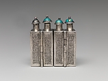 Hinged Snuff Bottles, Silver with painted enamel panels and enamel stoppers, China