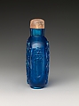 Snuff Bottle with Antiquarian Design, Blue glass with rose quartz stopper, China