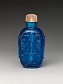 Snuff Bottle with Antiquarian Design, Blue glass with rose quartz stopper, China