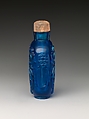 Snuff Bottle with Antiquarian Design, Blue glass with rose quartz stopper, China