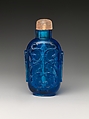 Snuff Bottle with Antiquarian Design, Blue glass with rose quartz stopper, China