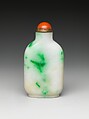 Snuff Bottle, White and green jadeite with coral stopper, China
