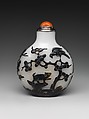 Snuff Bottle, Black and white peking glass with coral stopper, China