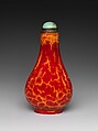 Snuff Bottle in Simulated Realgar, Variegated red glass with turquoise stopper, China