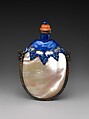 Snuff Bottle, Mother-of-pearl shells, brass fittings and blue enamel, red glass stopper, China