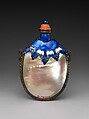 Snuff Bottle, Mother-of-pearl shells, brass fittings and blue enamel, red glass stopper, China