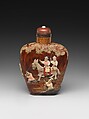 Snuff Bottle, Lacquer on metal, patterned with colored stones, China