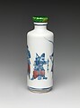 Snuff bottle with scene of Peking Opera, Porcelain with underglaze red and blue, jadeite stopper, China