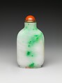 Snuff Bottle, White and green jadeite with coral stopper, China