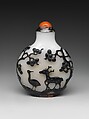 Snuff Bottle, Black and white peking glass with coral stopper, China