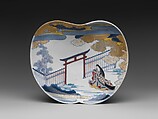 Dish with Design of Court Lady by the Gate of a Shinto Shrine, Porcelain with underglaze blue, overglaze enamels, and gold (Hizen ware, Arita type), Japan